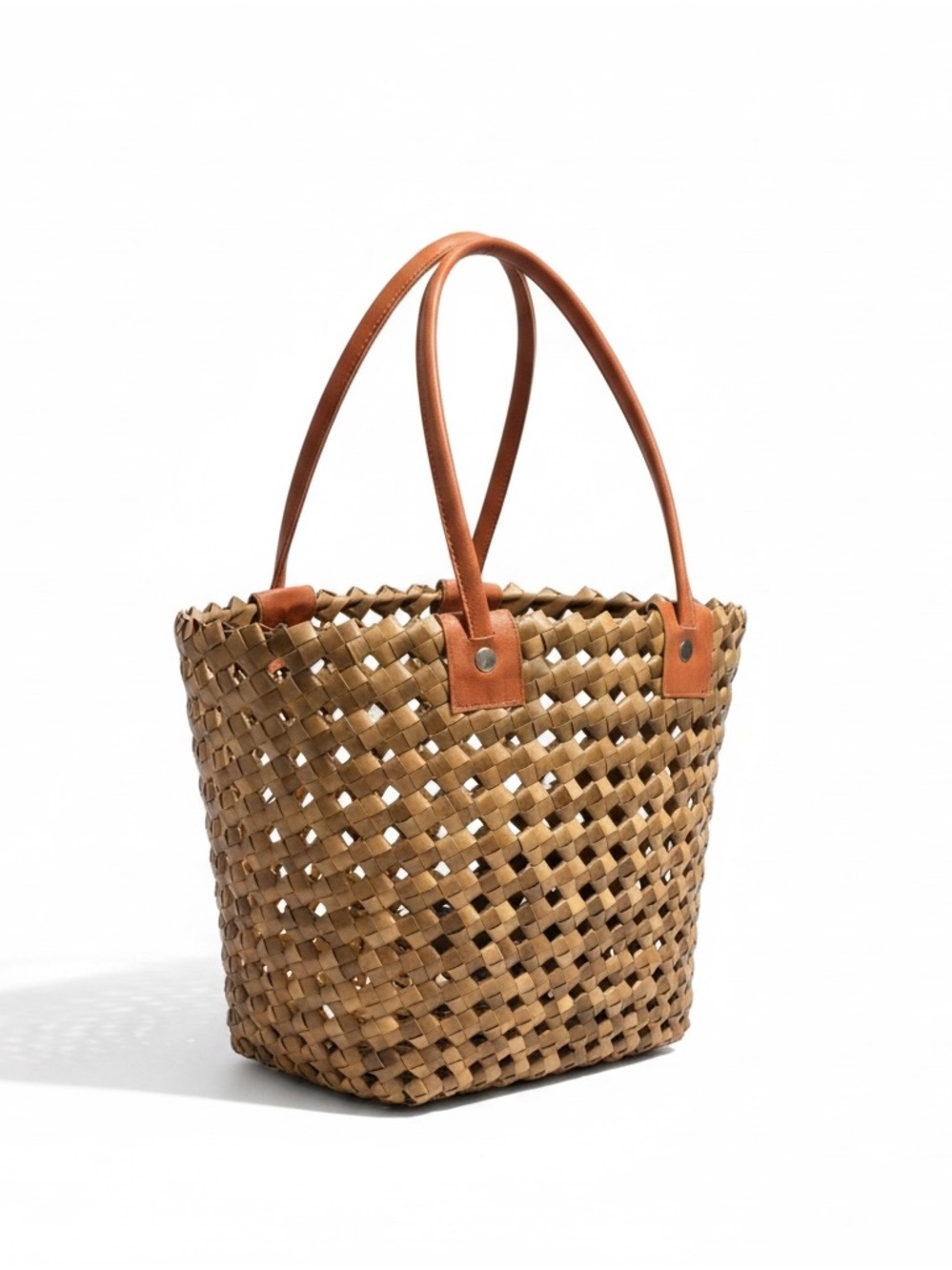 Woven Palm Leaf Tote Bag with Leather Handles - Ivory, Tan, Black - Picture 2 of 6